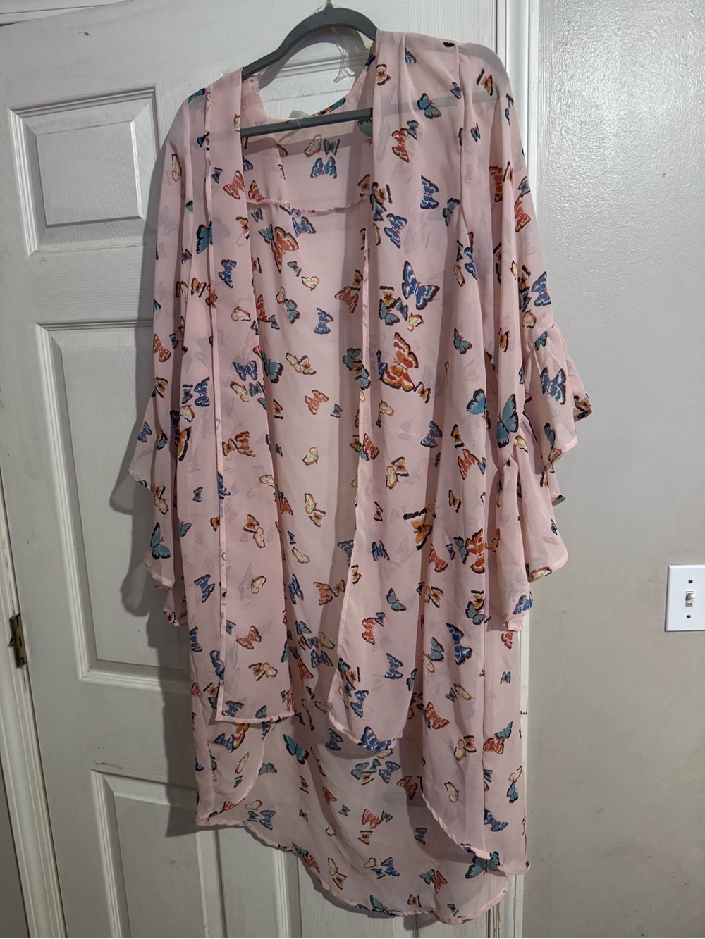 Light Pink Butterfly-Print Kimono Cardigan